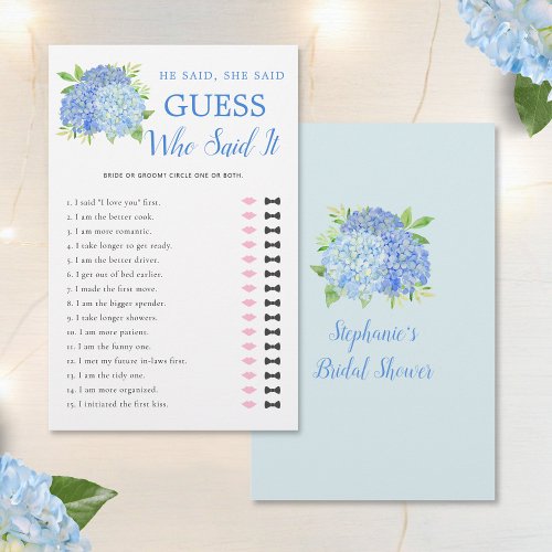 He Said She Said Hydrangea Blue Bridal Shower Game