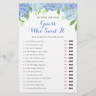 He Said She Said Hydrangea Bridal Shower Word Game