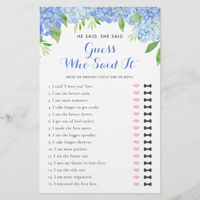He Said She Said Hydrangea Bridal Shower Word Game (Front)