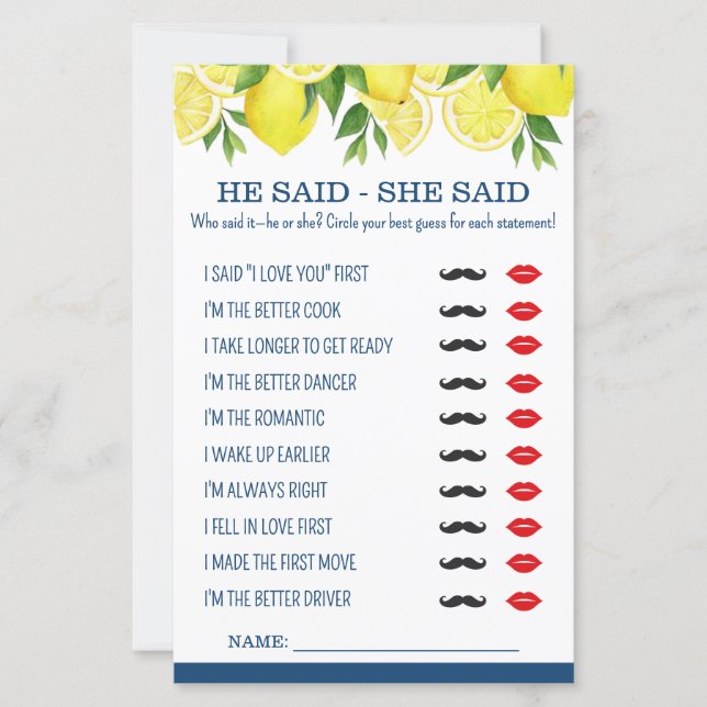 He Said / She Said Lemon Bridal Shower Game (Front)