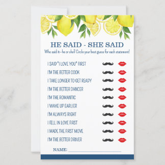 He Said / She Said Lemon Bridal Shower Game