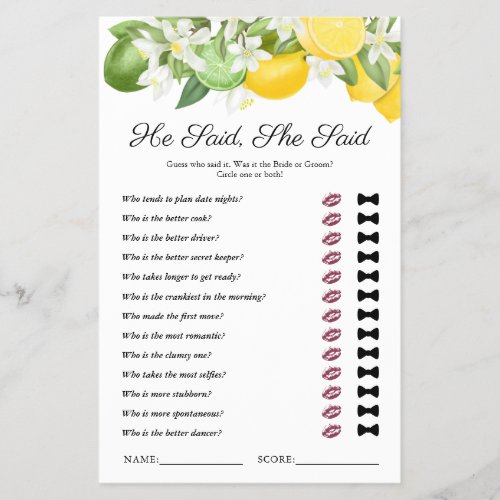He Said She Said Lemon Greenery Bridal Shower Game - Make your citrus inspired bridal shower one to remember with this elegant, funny "he said, she said" bridal party game! Featuring lush watercolor summer lemons, limes & green foliage, and text template which can easily be personalized.