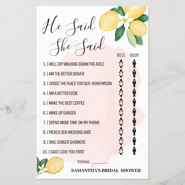 He said She said Lemon Pink Bridal Shower Game Flyer (Front)