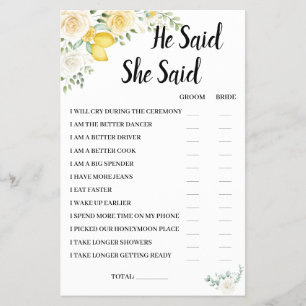 He Said She Said Lemon&Rose BridalShower Game Card Flyer
