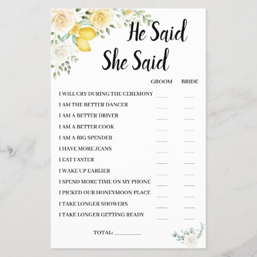 He Said She Said LemonRose BridalShower Game Card Flyer