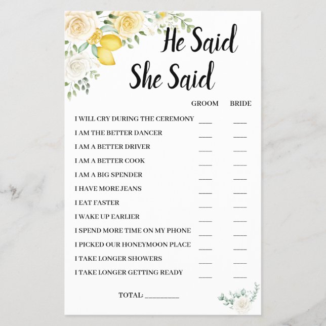 He Said She Said Lemon&Rose BridalShower Game Card Flyer (Front)