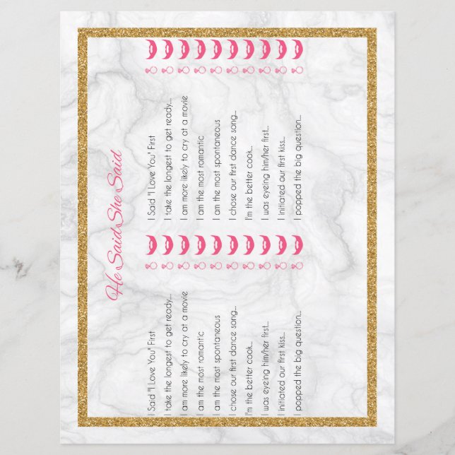 He Said She Said Marble Gold Bridal Shower Game (Front)