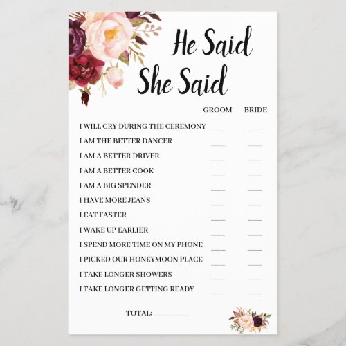 He Said She Said Marsala Bridal Shower Game Card Flyer