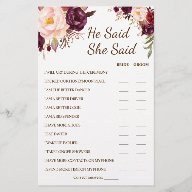 He Said She Said Marsala Couple Shower Game Card Flyer (Front)