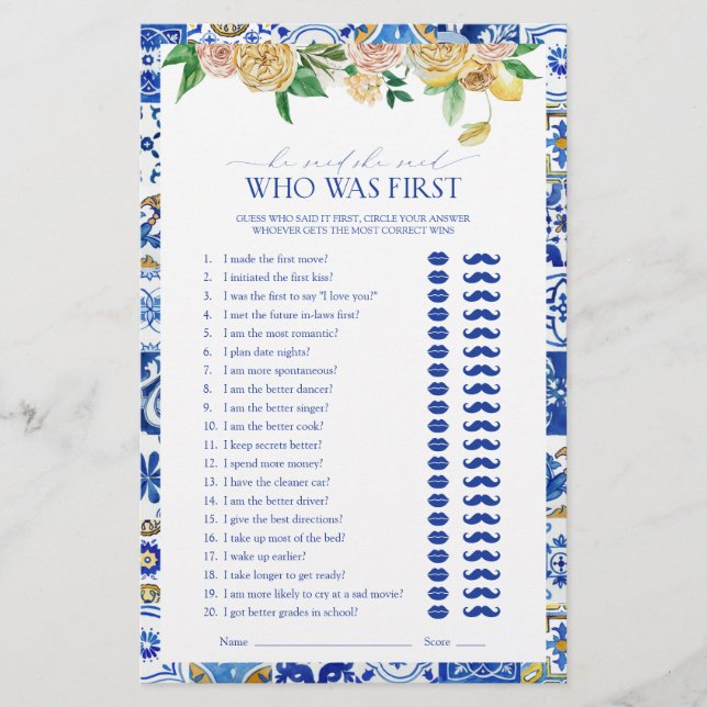 He Said She Said Mediterranean Bridal Shower Game (Front)
