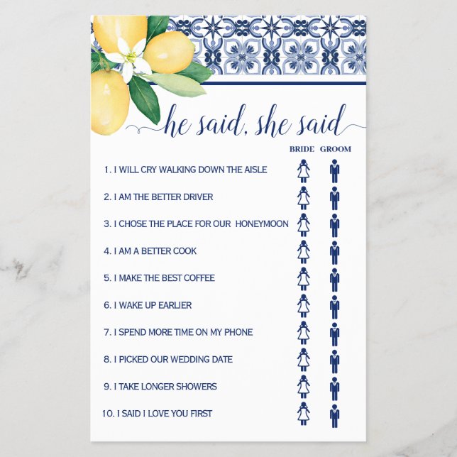 He said She said Mediterranean Shower Game Card Flyer (Front)