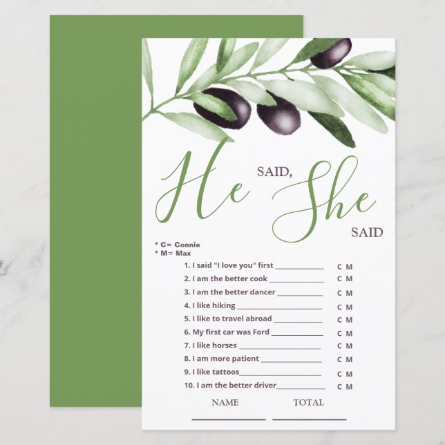 He said She said Olive Branch Bridal Game (Front/Back)