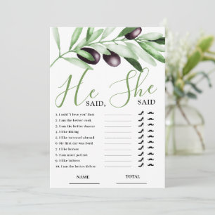 He said She Said Olive Branch Bridal Shower Card