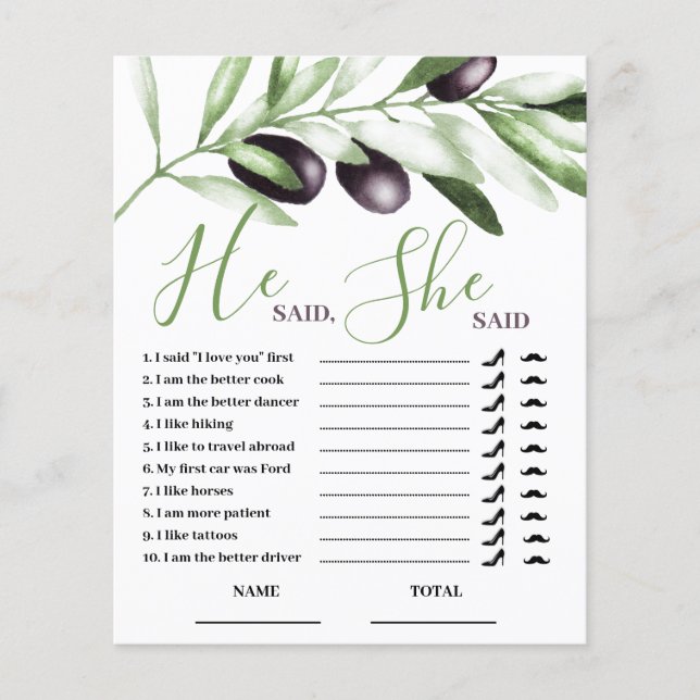 He said She Said Olive Branch Bridal Shower Game (Front)