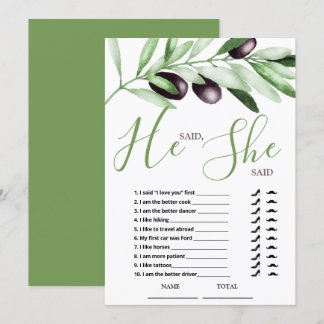 He said She Said Olive Branches Bridal Shower Card