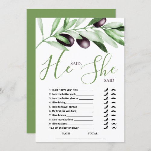 He said She Said Olive Branches Bridal Shower Invi Invitation