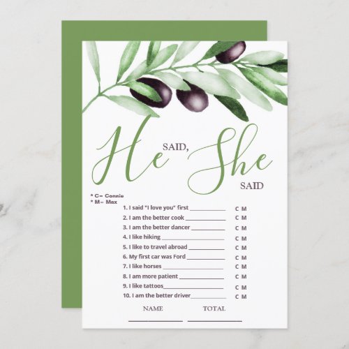 He said She Said Olive Branches Bridal Shower Invitation