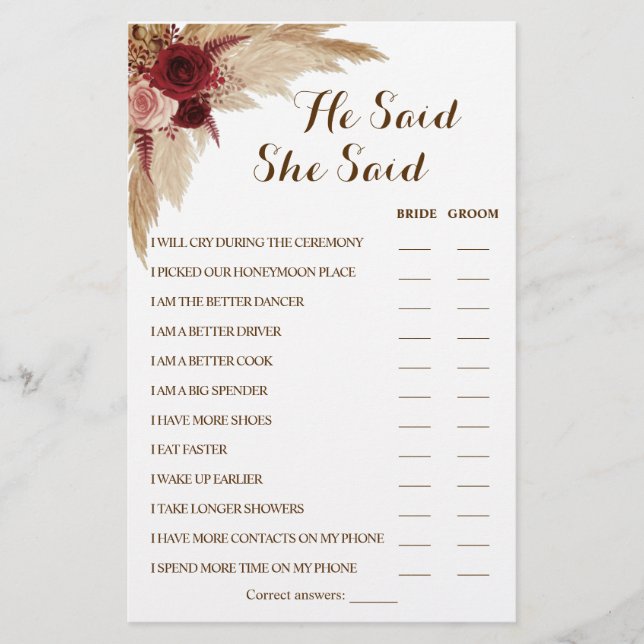 He Said She Said Pampas Couple Shower Game Card Flyer (Front)