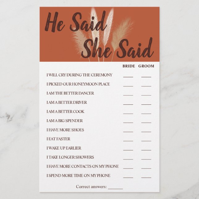 He Said She Said Pampas Couples Shower Game Card Flyer (Front)