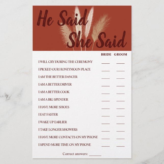 He Said She Said Pampas Couples Shower Game Card Flyer (Front)