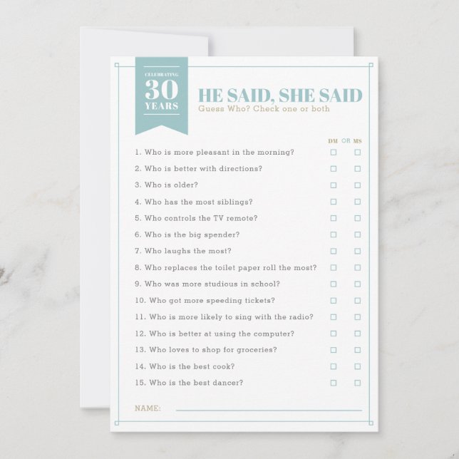 He Said, She Said Party Game (Fully customizable) Invitation (Front)