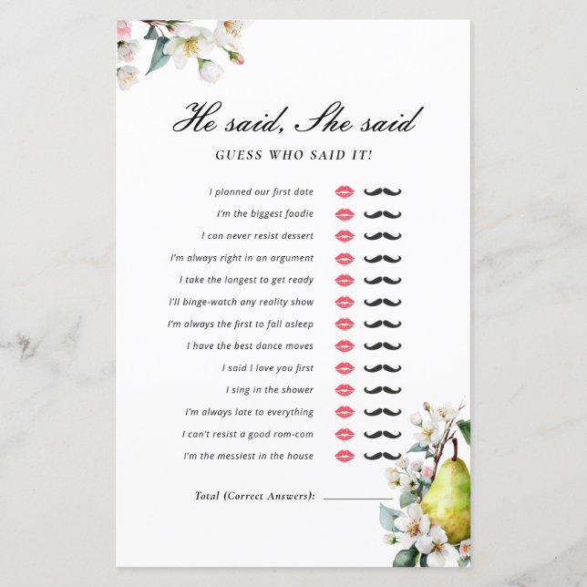 He Said She Said Perfect Pear Bridal Shower Game (Front)