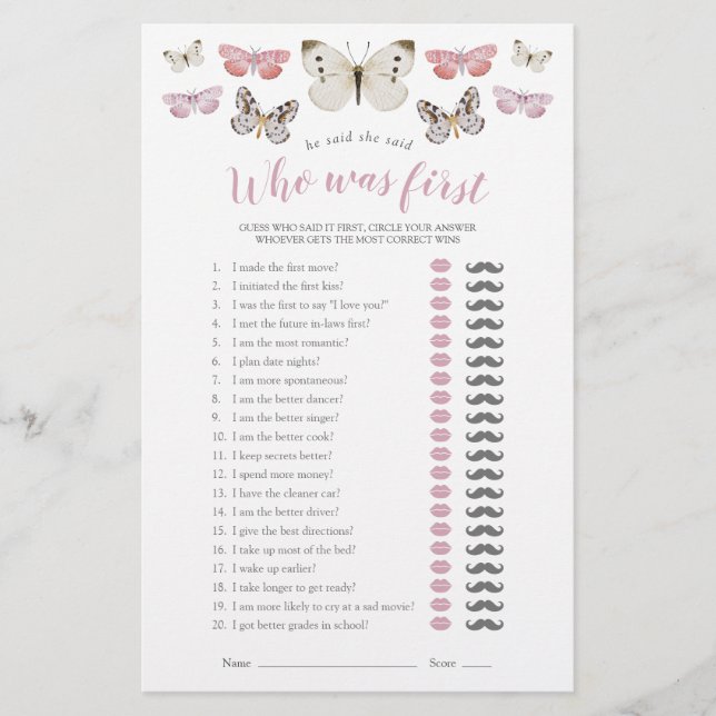 He Said She Said Pink Butterflies Shower Game (Front)