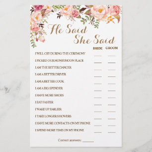 He Said She Said Pink Couple Shower Game Card Flyer