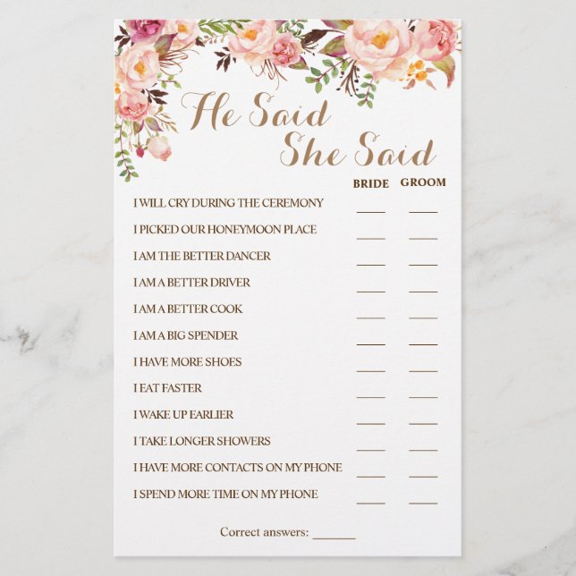 He Said She Said Pink Couple Shower Game Card Flyer (Front)