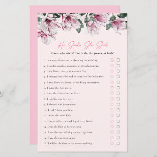 He Said, She Said Pink Floral Bridal Shower Game