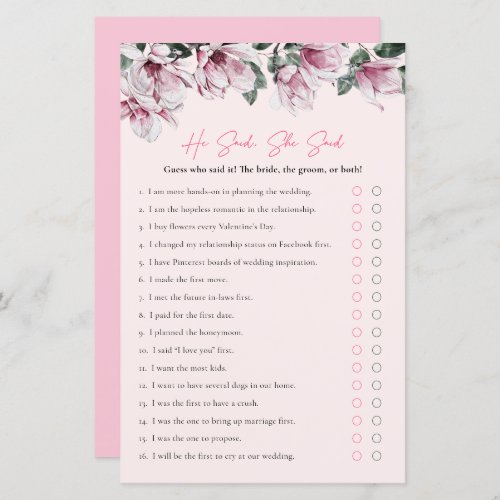 He Said She Said  Pink Floral Bridal Shower Game