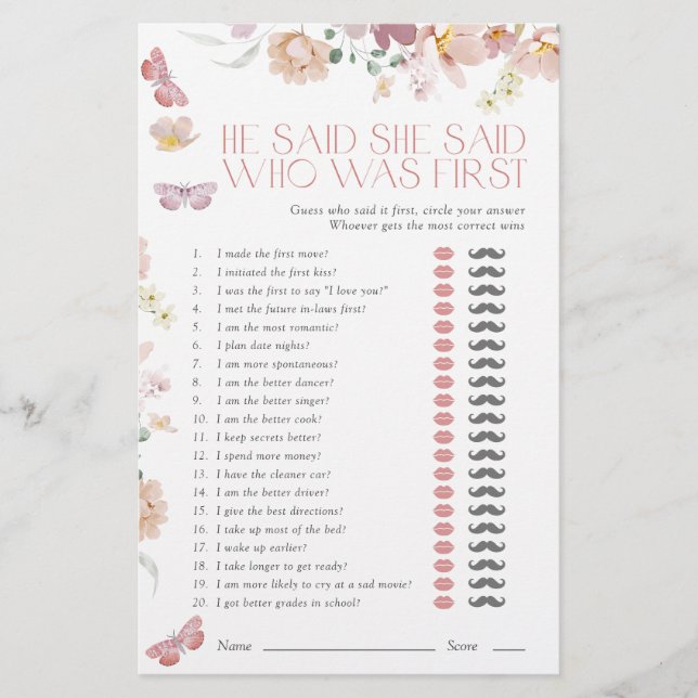 He Said She Said Pink Floral Bridal Shower Game (Front)