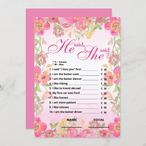 He said She said  Pink Floral Bridal Shower Game Invitation