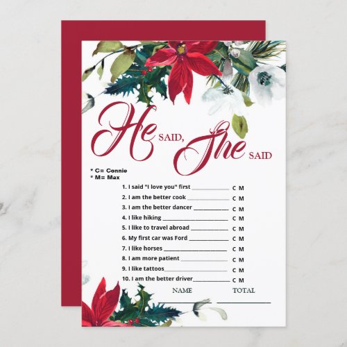 He said She said Poinsettia Bridal Shower Game  Invitation