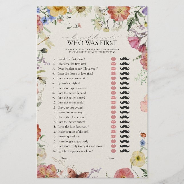 He Said She Said Pressed Floral Bridal Shower Game (Front)