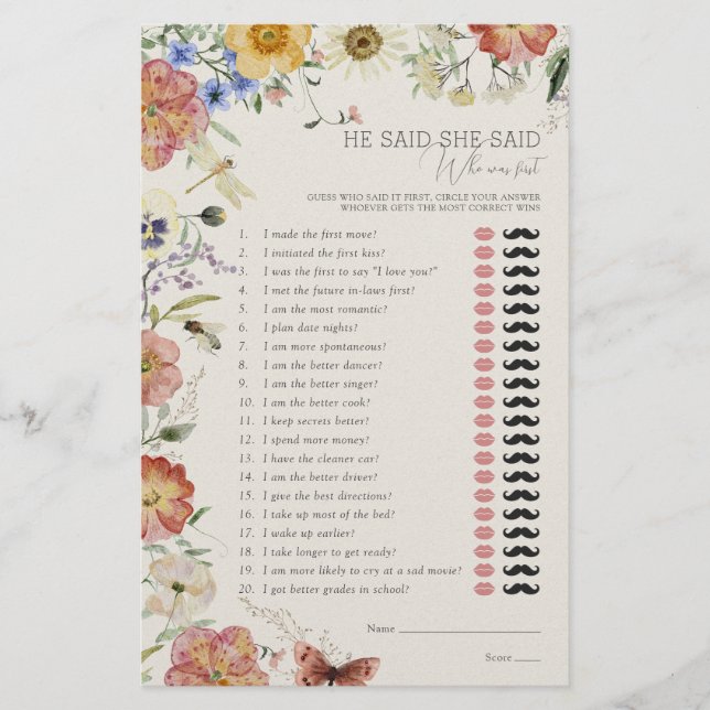 He Said She Said Pressed Wildflower Shower Game (Front)