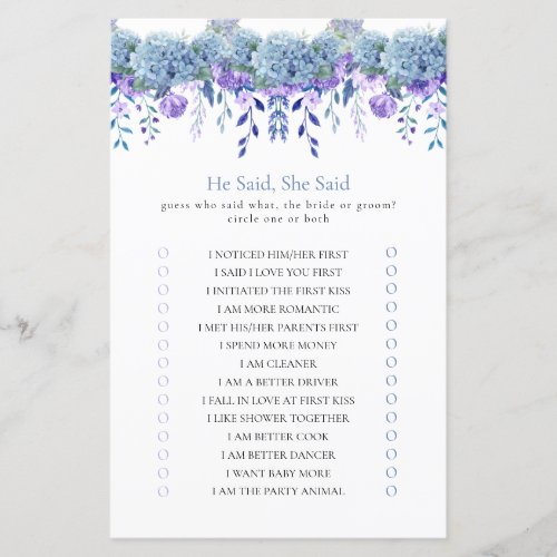 He Said She Said Purple Floral Bridal Shower Game