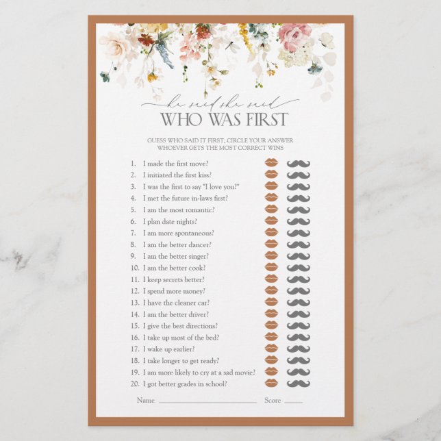 He Said She Said Rustic Floral Bridal Shower Game (Front)