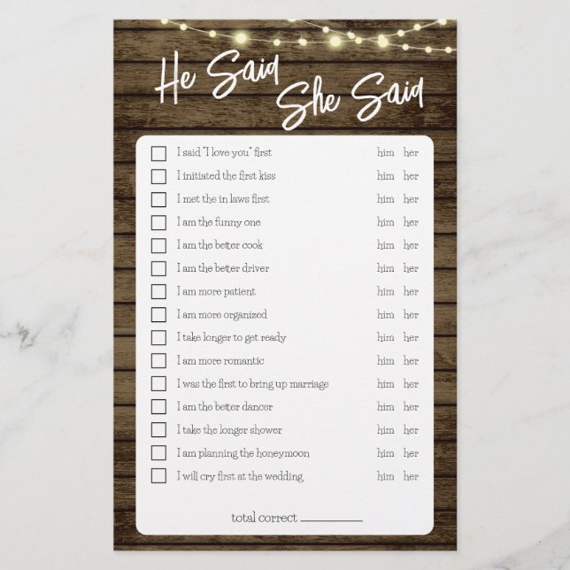 He Said She Said Rustic Shower Game Flyer (Front)