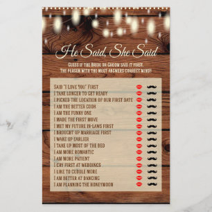 He Said She Said Rustic Wood Bridal Shower Game