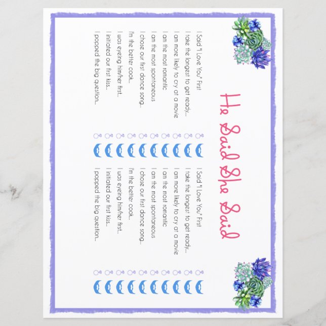 He Said She Said Succulent Bridal Shower Game (Front)