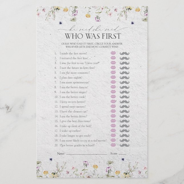 He Said She Said Summer Wildflowers Shower Game (Front)