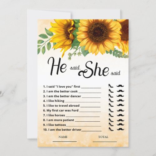 He said She said Sunflower Bridal Shower Game Card