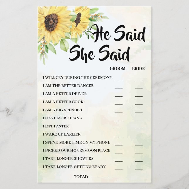 He Said She Said Sunflower Bridal Shower Game Card Flyer (Front)