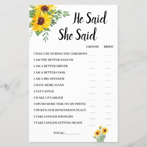 He Said She Said Sunflower Bridal Shower Game Card Flyer