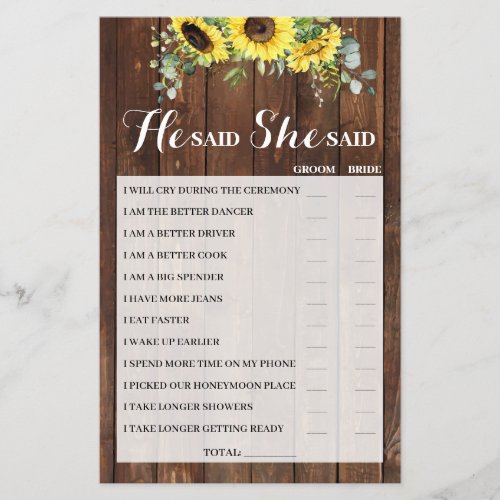 He Said She Said Sunflower Bridal Shower Game Card Flyer