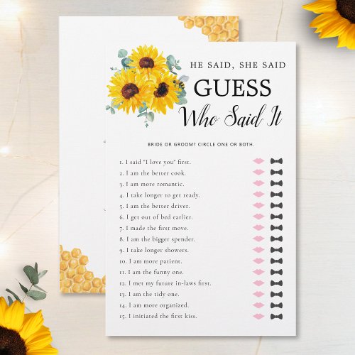 He Said She Said Sunflowers Bee Bridal Shower Game