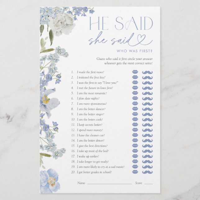 He Said She Said Watercolor Floral Shower Game (Front)