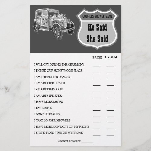 He Said She Said  Wedding Car Shower Game Card Flyer