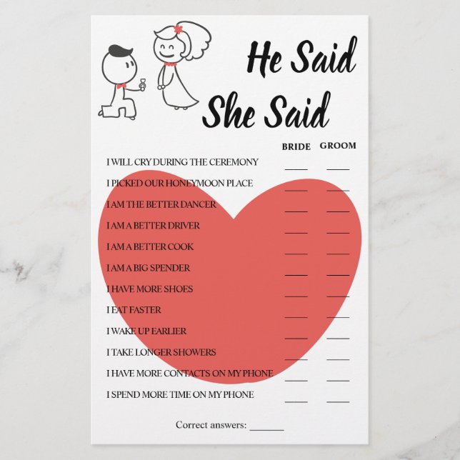 He Said She Said Wedding Couple Shower Game Card Flyer (Front)